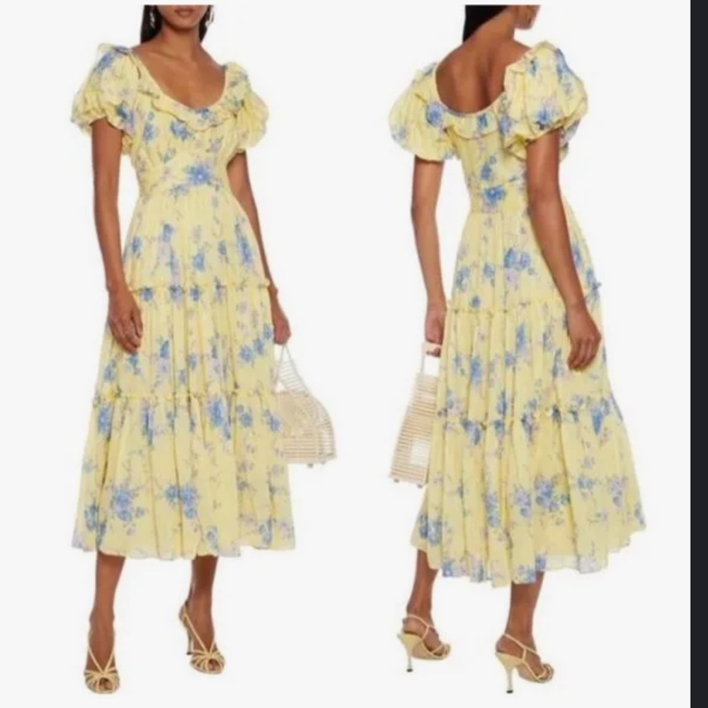 LoveShackFancy Emory Yellow Dress- Puff sleeve milkmaid midi dress - Picture 2 of 7